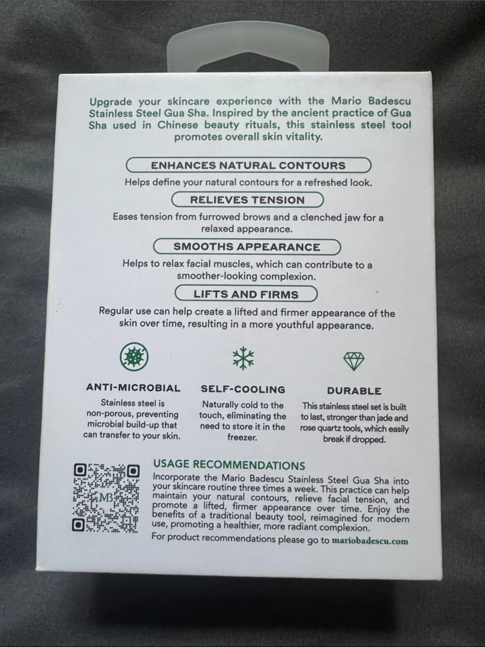 Mario Badescu Stainless Steel Gua Sha - Silver and Green Packaging